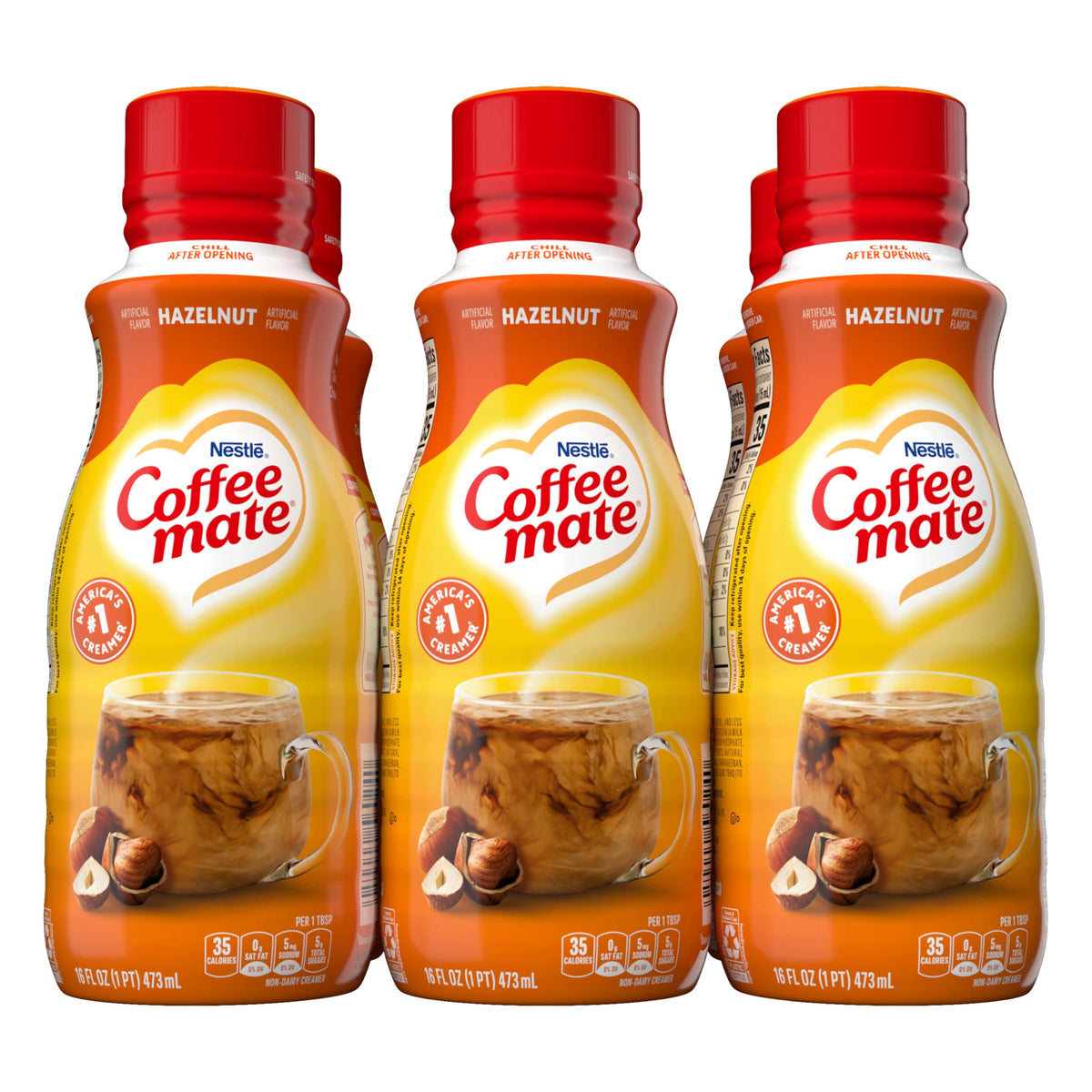 Coffee Mate Hazelnut liquid creamer poured into a cup for a creamy coffee