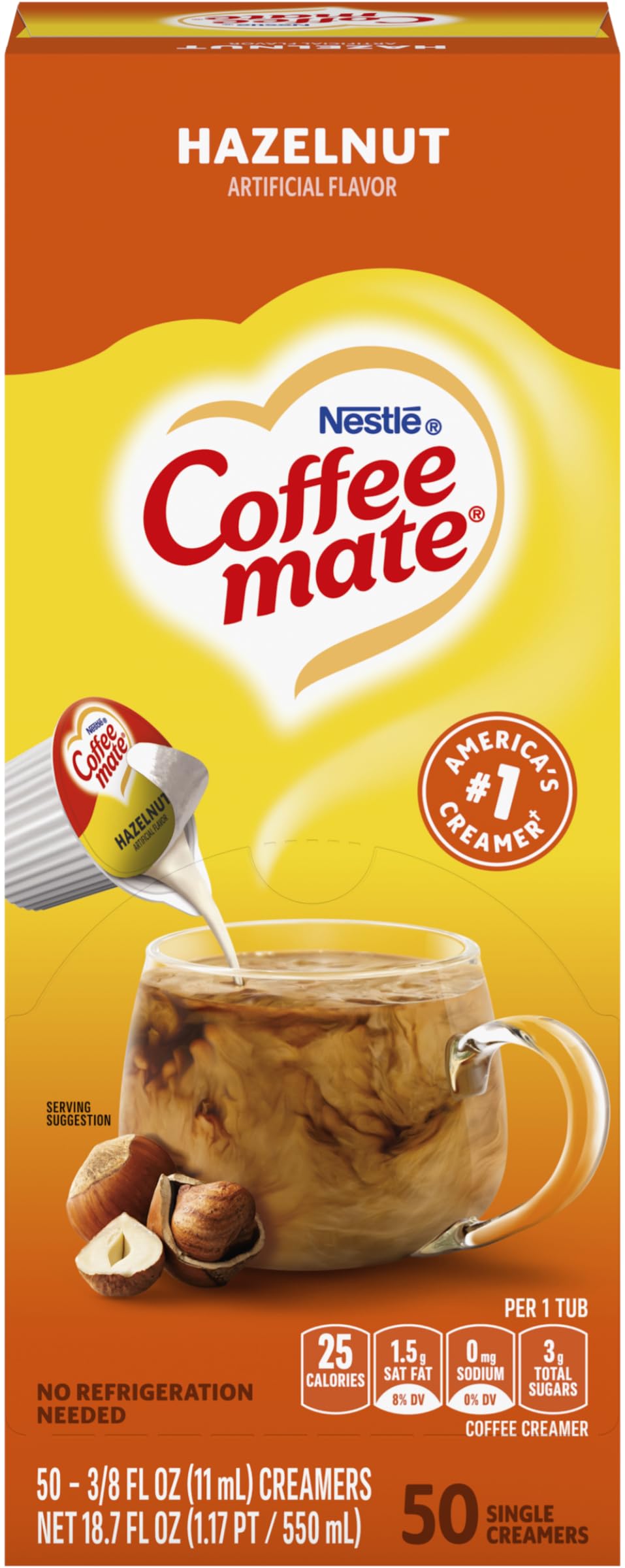 Coffee Mate hazelnut liquid creamer singles for quick, creamy coffee boost.