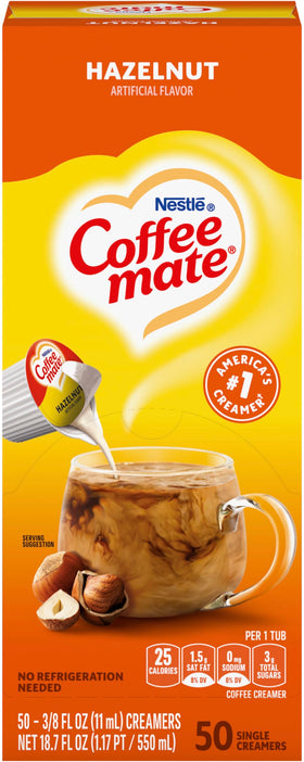 Coffee Mate hazelnut liquid creamer singles for quick, creamy coffee boost.