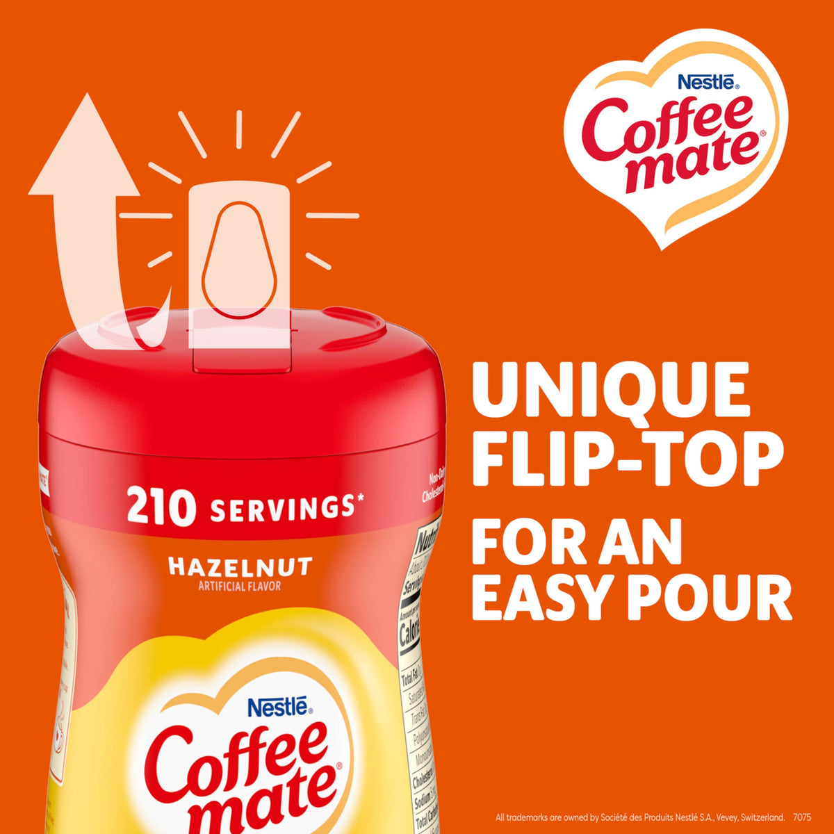 Coffee Mate Hazelnut non-dairy creamer in mug delivering lactose-free creaminess.