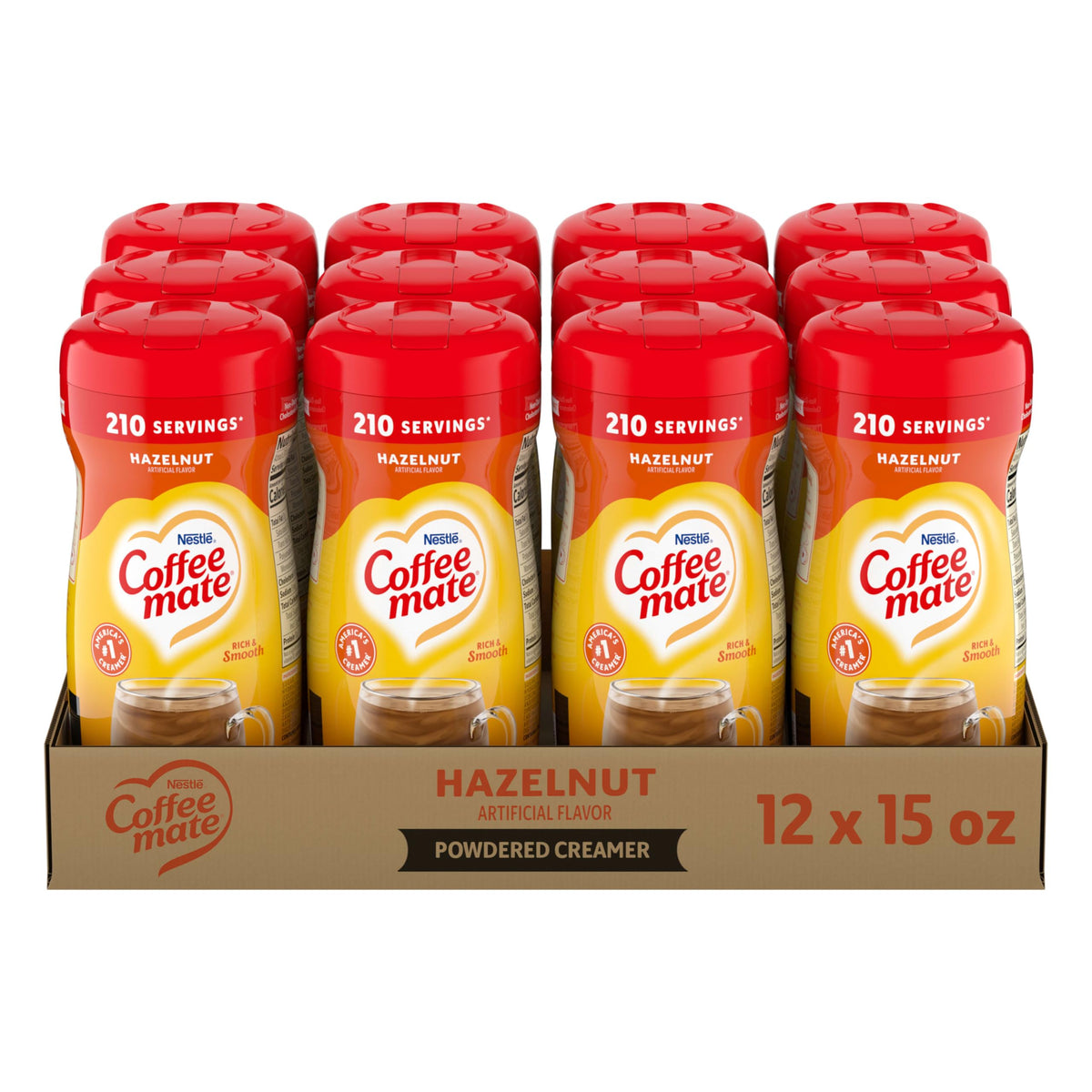 Coffee Mate Hazelnut powder creamer canister for a smooth, nutty cup.
