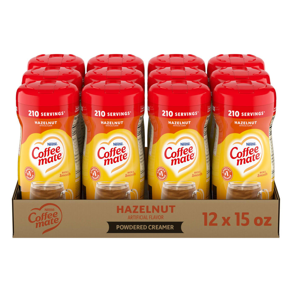 Coffee Mate Hazelnut powder creamer canister for a smooth, nutty cup.