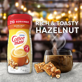 Coffee-mate Hazelnut non-dairy creamer powder on a kitchen shelf ready for use