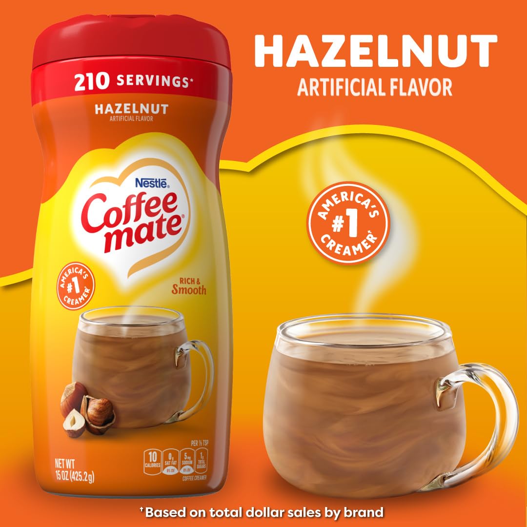 Coffee-mate Hazelnut powder creamer added to coffee for smooth flavor