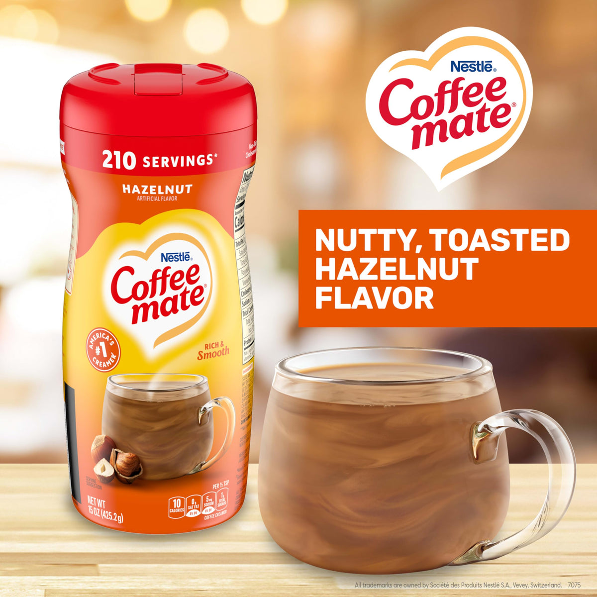 Coffee Mate Hazelnut scoop in coffee cup for quick, rich flavor.