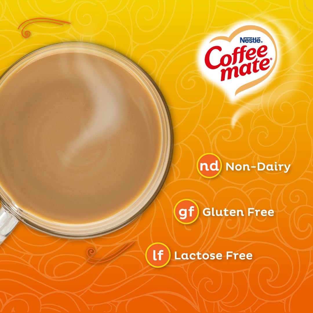 Coffee-mate shelf-stable hazelnut creamer powder sits neatly in a pantry