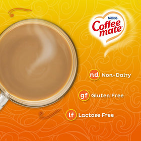Coffee-mate shelf-stable hazelnut creamer powder sits neatly in a pantry