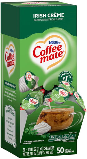 Coffee-mate Irish Creme liquid creamer single in a box for quick, mess-free coffee mornings.