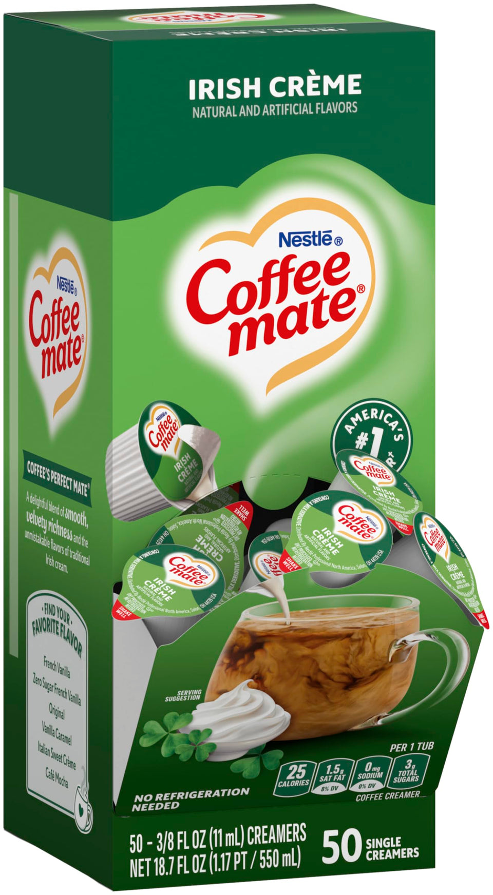Coffee-mate Irish Creme liquid creamer single in a box for quick, mess-free coffee mornings.
