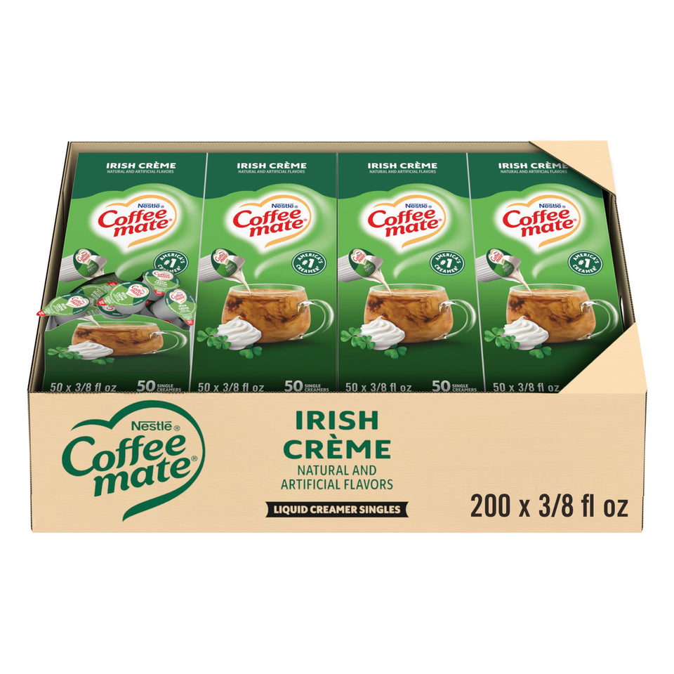 Coffee mate Irish Creme liquid creamer single poured into coffee for a creamy finish.