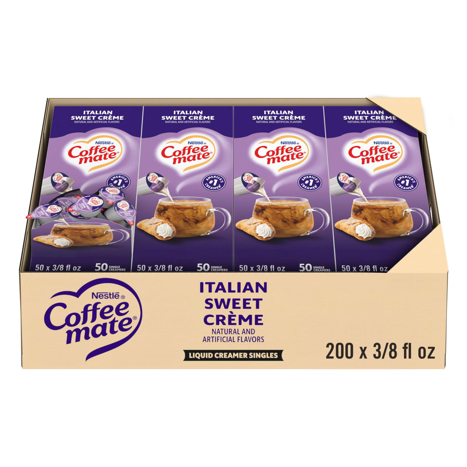 Coffee mate Italian Sweet Creme single-serve creamer; lactose-free convenience for coffee