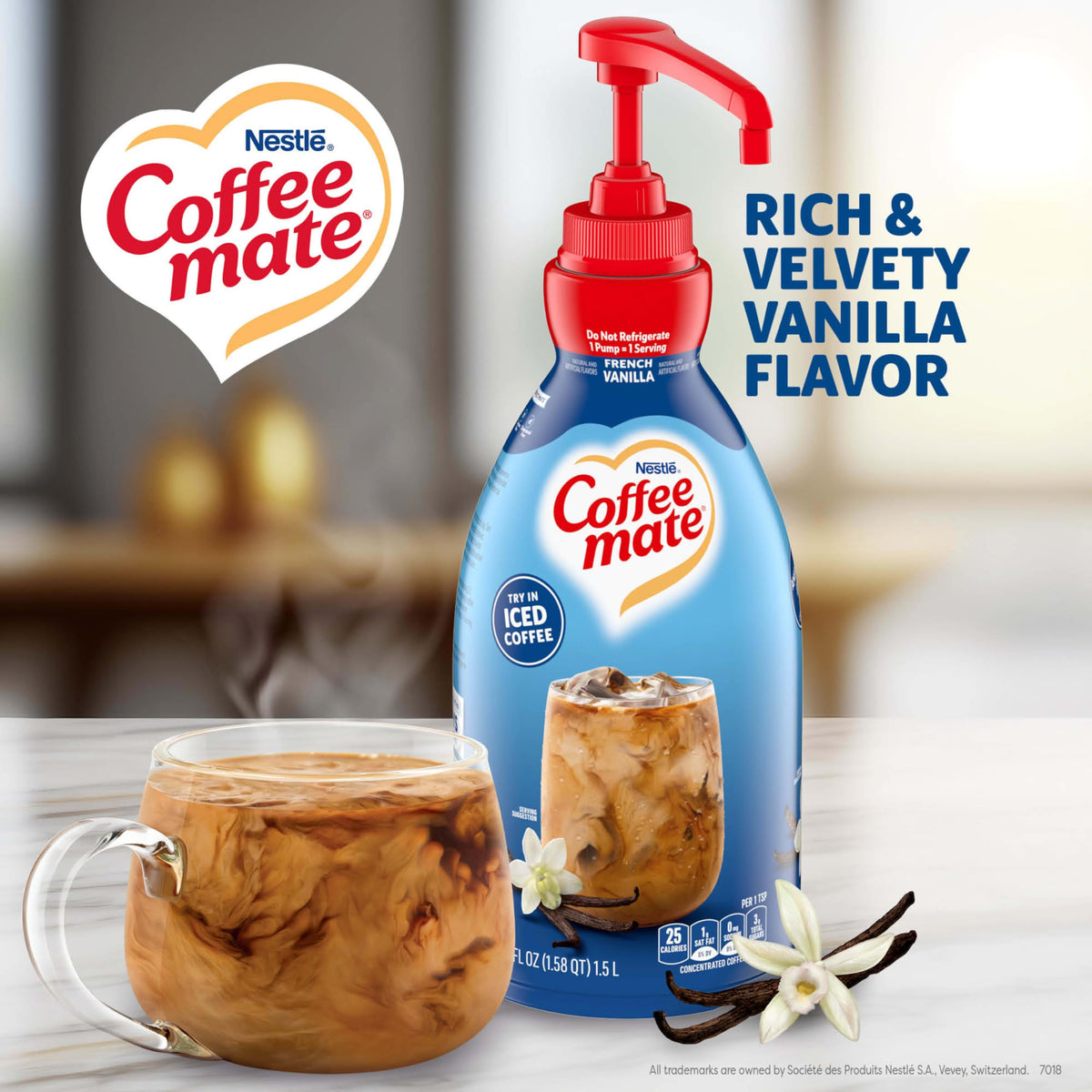 Coffee Mate liquid concentrate pump in action provides quick creamer servings.