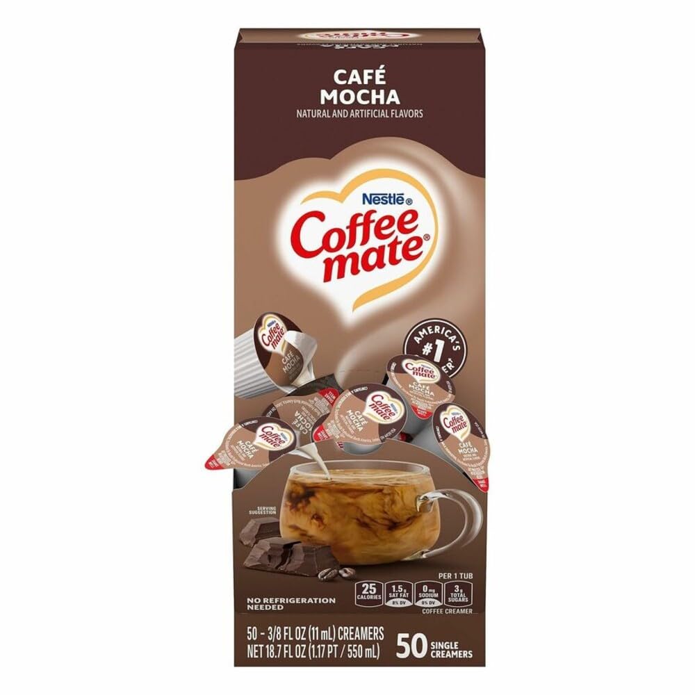 Coffee Mate Cafe Mocha liquid creamer mini cups provide lactose-free convenience.