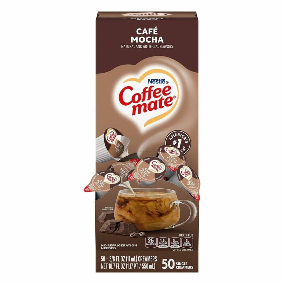 Coffee Mate Cafe Mocha liquid creamer mini cups provide lactose-free convenience.
