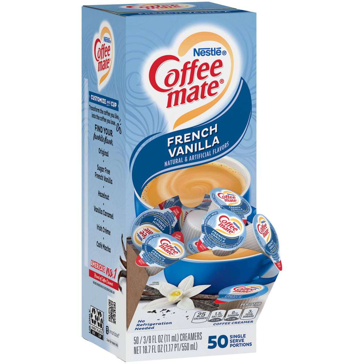 Coffee Mate NES35170 French Vanilla mini cups in a serving pack for quick flavor boost.