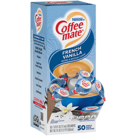 Coffee Mate NES35170 French Vanilla mini cups in a serving pack for quick flavor boost.