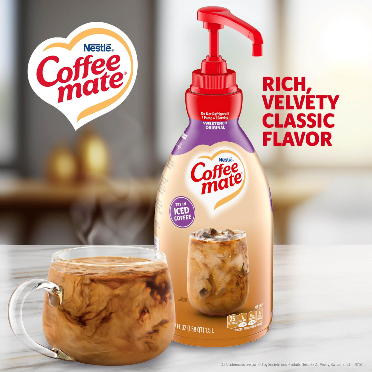 Coffee Mate non-dairy pump bottle provides lactose-free creamer for daily coffee