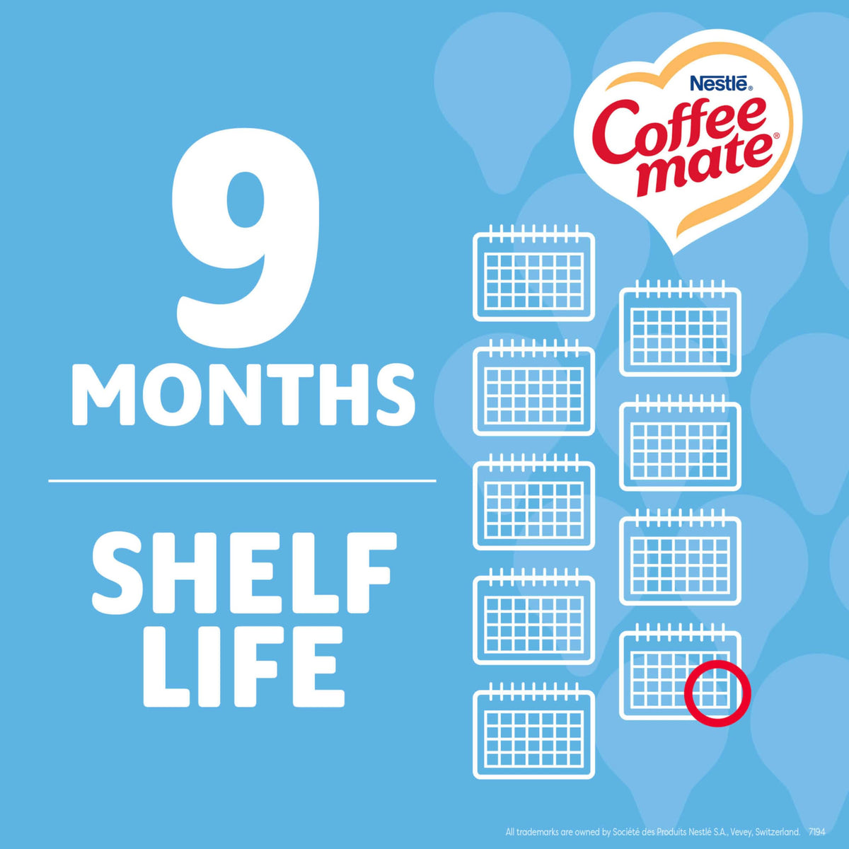 Coffee Mate office break-room display shows convenient 360-count singles for quick coffee service