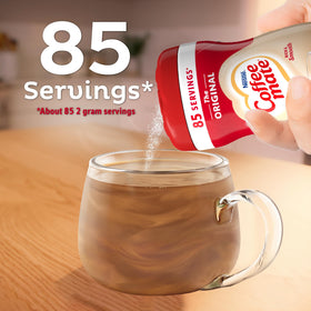Close-up of Coffee Mate Original bottle label highlighting non-dairy and lactose-free features