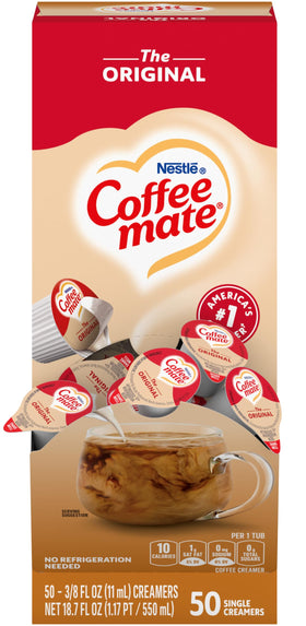 Coffee Mate Original creamer single-serve tub poured into coffee for creaminess