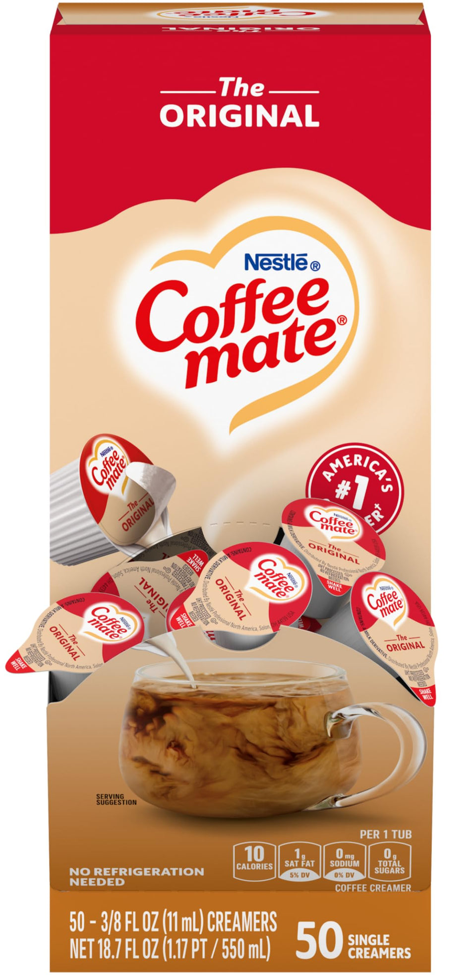 Coffee Mate Original creamer single-serve tub poured into coffee for creaminess