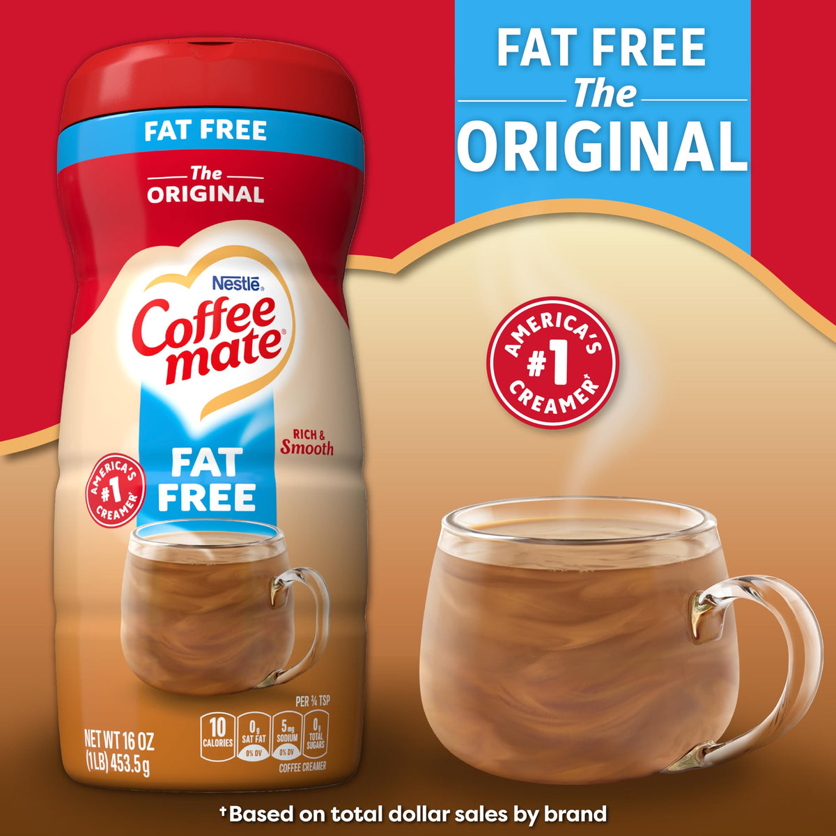 16 oz box of Coffee Mate Original Fat Free Creamer displayed on a kitchen shelf