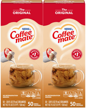 Coffee mate Original liquid creamer singles in box, shelf-stable convenience for pantry use