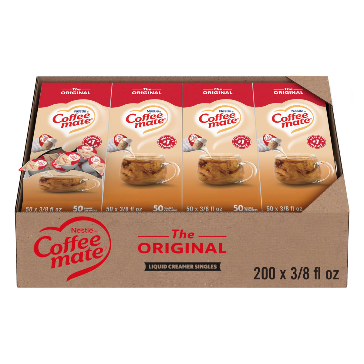 Coffee Mate Original liquid creamer single pour for a creamy non-dairy coffee boost.