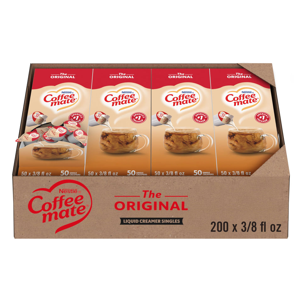Coffee Mate Original liquid creamer single pour for a creamy non-dairy coffee boost.