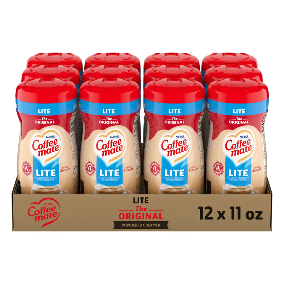 Coffee Mate Original Lite powdered creamer 11oz dissolving into coffee for a creamy blend