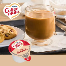 Coffee Mate Original requires no refrigeration, ideal for travel and office use.