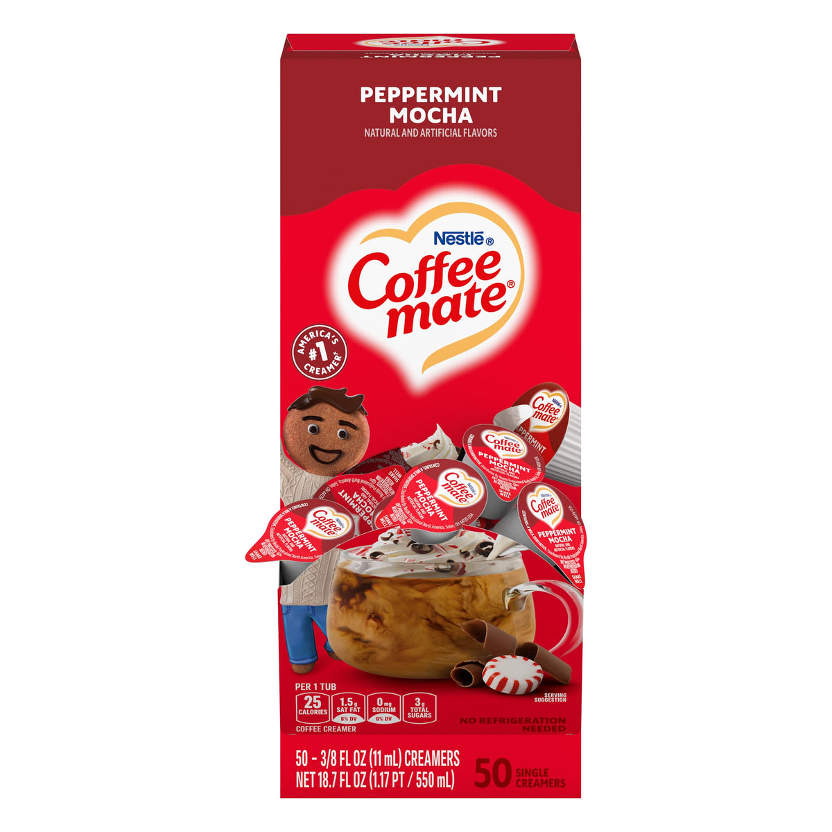 Coffee mate Peppermint Mocha creamer box on a clean counter, convenient seasonal flavor.