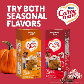 Coffee mate glass of coffee beside peppermint mocha creamer for a festive touch.