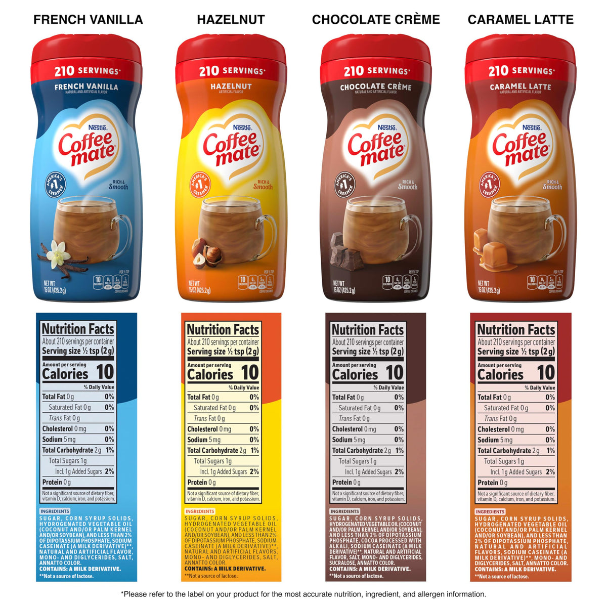 Coffee Mate powdered creamer jar label; lactose-free, gluten-free option for dairy-free use.