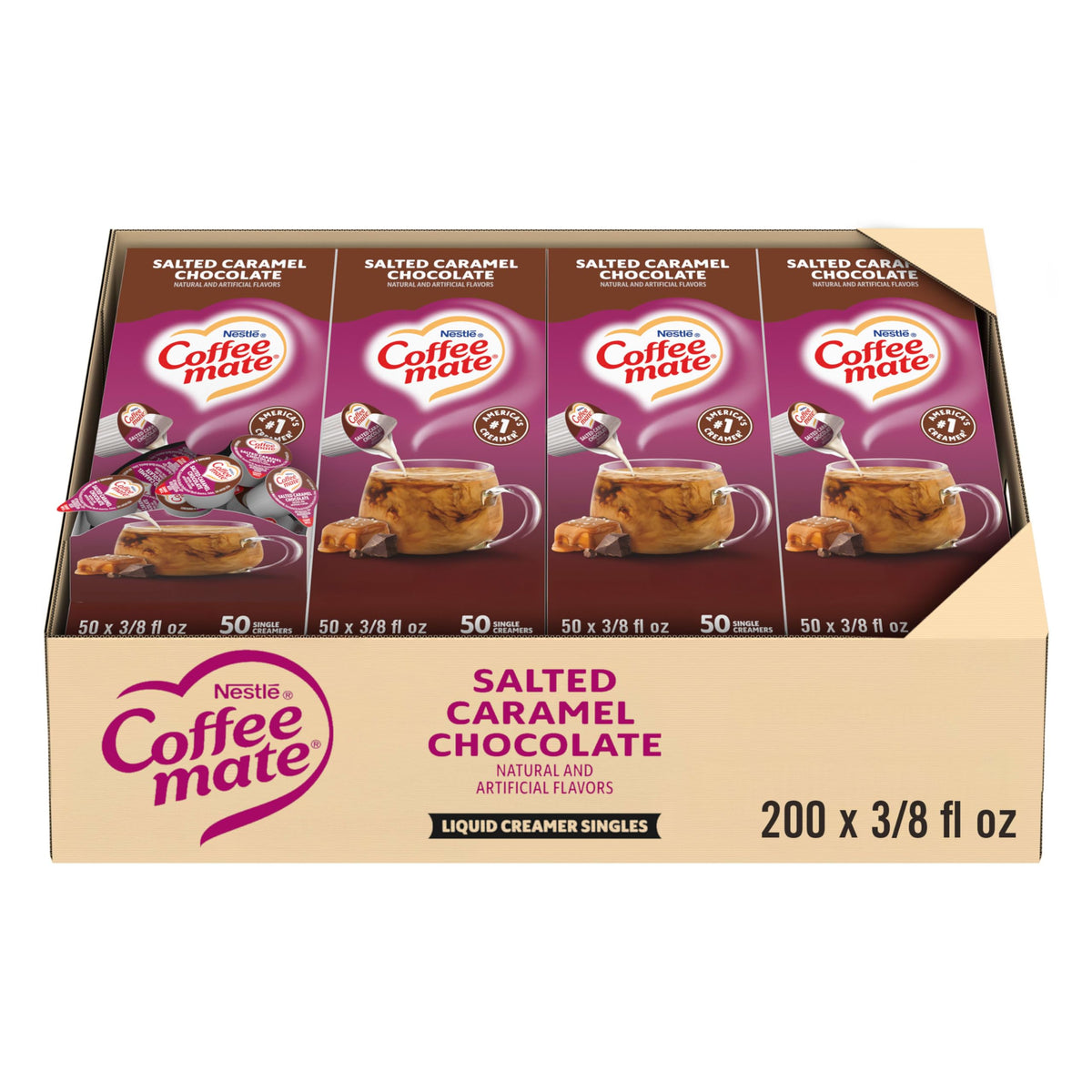 Coffee Mate Salted Caramel Chocolate creamer singles in a dispenser box on the counter