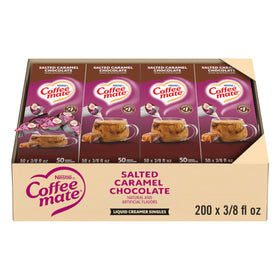 Coffee Mate Salted Caramel Chocolate creamer singles in a dispenser box on the counter