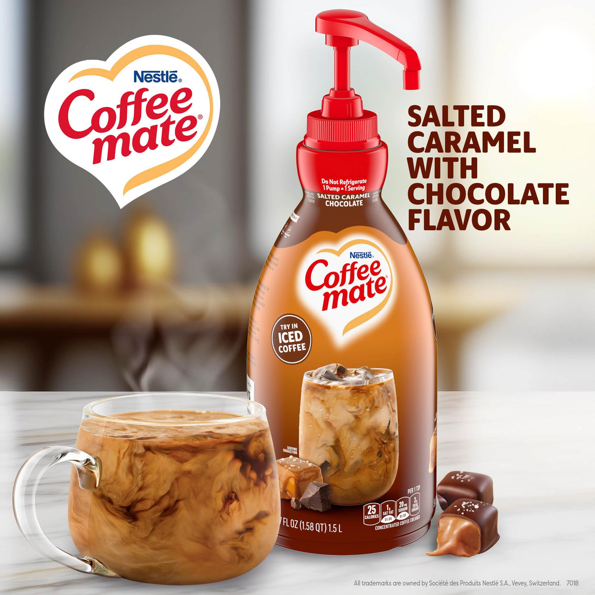 Coffee mate Salted Caramel Chocolate pour into cup showing quick flavor addition.