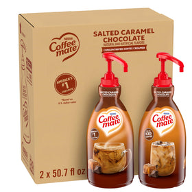 Coffee mate Salted Caramel Chocolate pump bottle demonstrating easy, mess-free dispensing for coffee.