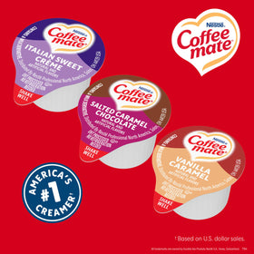Close-up of shake, open, pour action for Coffee mate singles.