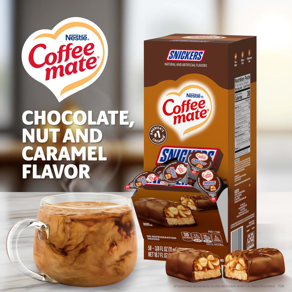 Coffee Mate Snickers dispenser box ready for counter top convenience and easy access.