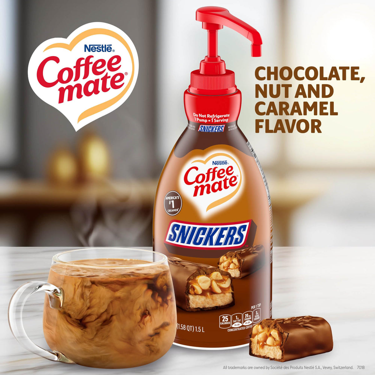 Coffee mate Snickers liquid creamer dispenses smoothly for hot or cold coffee