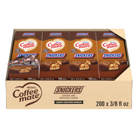 Coffee Mate Snickers liquid creamer tub pack: shelf-stable flavor boost for any office coffee.