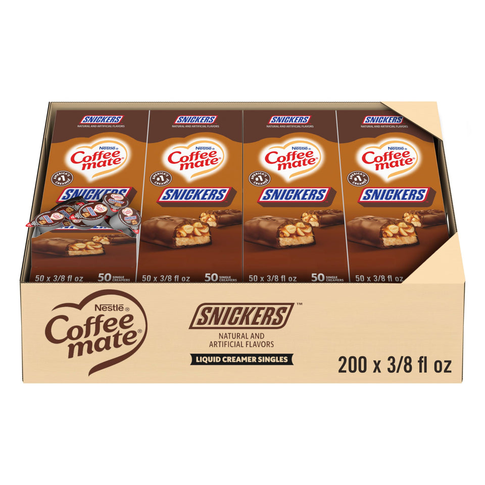 Coffee Mate Snickers liquid creamer tub pack: shelf-stable flavor boost for any office coffee.