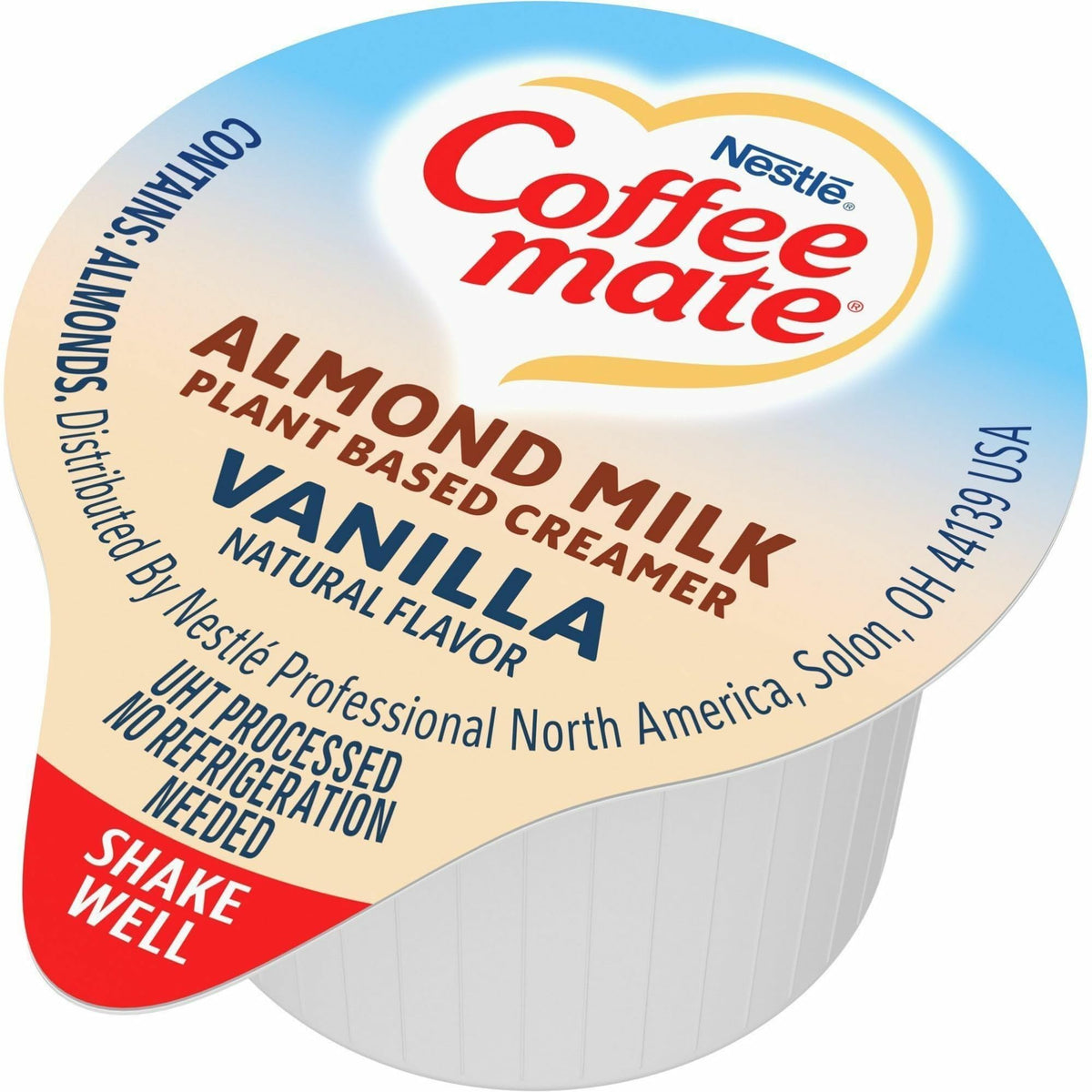 Coffee Mate vanilla almond creamer stays shelf-stable, no refrigeration needed.