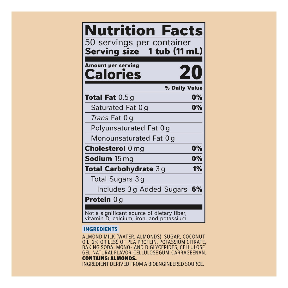 Coffee Mate Vanilla Almond Milk creamer packaging in a 50-count box.