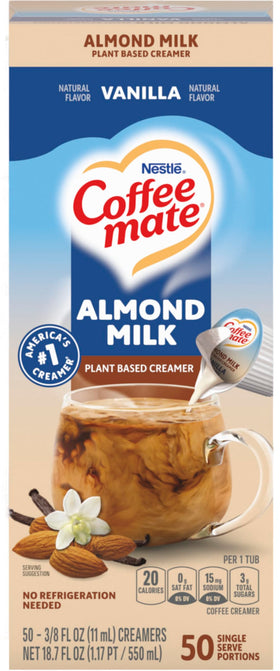 Coffee Mate Vanilla Almond Milk single-serve cup for dairy-free coffee.