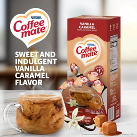 Creamy pour of Vanilla Caramel Creamer into hot coffee.