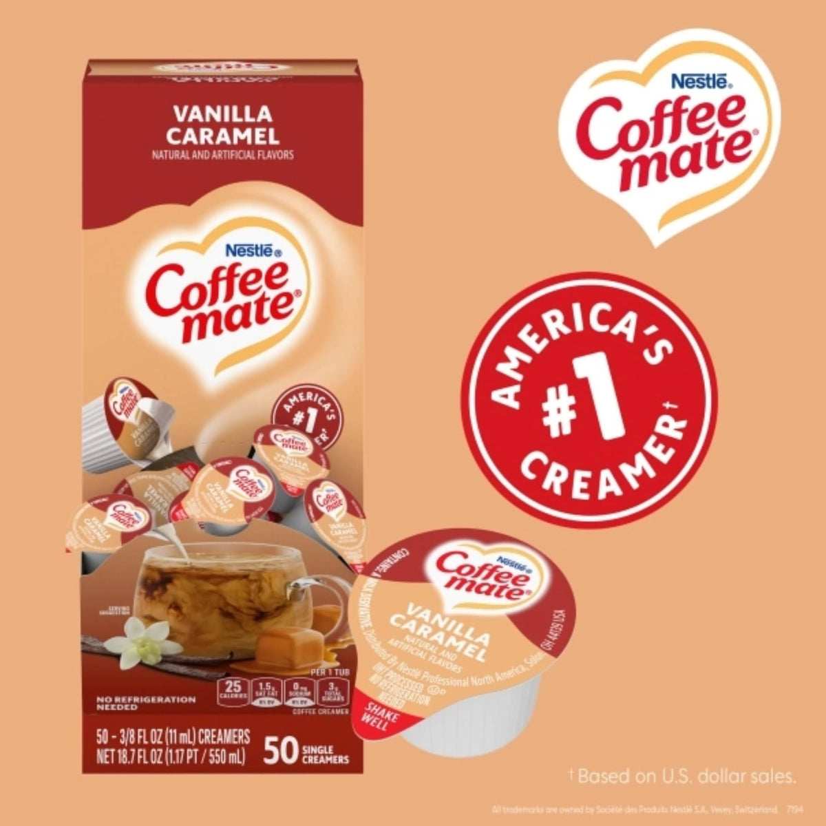 Coffee Mate Vanilla Caramel packaging shows bulk 50-count singles.