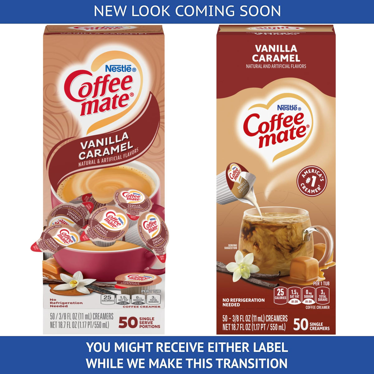 Pour Coffee Mate Vanilla Caramel single into a cup for a creamy stir.