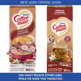 Pour Coffee Mate Vanilla Caramel single into a cup for a creamy stir.
